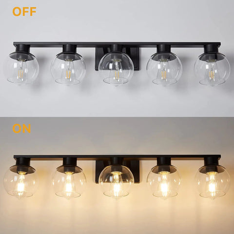 Matte Black Farmhouse 5 Lights Bathroom Vanity Lights With Globe Glass Shades Modern Wall Fixture, off and on view