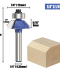 Four Pack 45 Degree Chamfer Router Bit Set With One Quarter Inch Shank Carbide Edges For Beveling And Wood Profiling Great For Edging And DIY Woodworking Includes Bevel Lengths One Quarter Five Sixteenths Three Eighths And One Half Inch showing dimensions