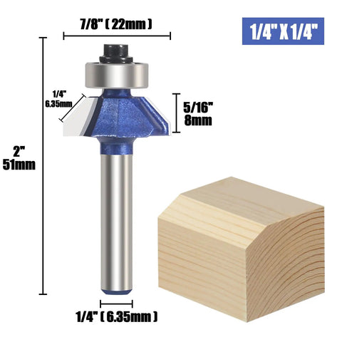 Four Pack 45 Degree Chamfer Router Bit Set With One Quarter Inch Shank Carbide Edges For Beveling And Wood Profiling Great For Edging And DIY Woodworking Includes Bevel Lengths One Quarter Five Sixteenths Three Eighths And One Half Inch showing dimensions
