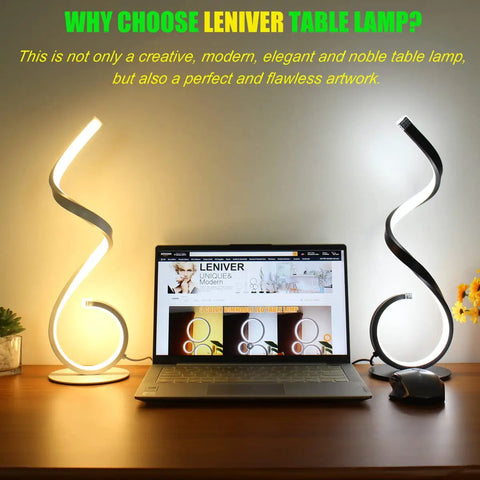 Spiral LED Table Lamp Set Of 2, 10W Dimmable With 3 Color Modes shown on a desk with a laptop, modern black finish