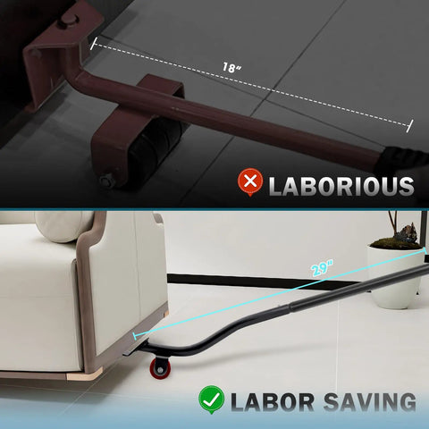 Get Your Heavy Furniture Moving Easy With This Badass 29 Inch Long Furniture Lifter Tool Set Featuring Extendable Metal Rods For Maximum Leverage Power Plus Four Stacked Raise Blocks To Get Those Appliances Off The Ground Like A Boss And Make Work Super. Image shows comparison of 18 inch and 29 inch furniture lifter rods, demonstrating easy appliance moving.