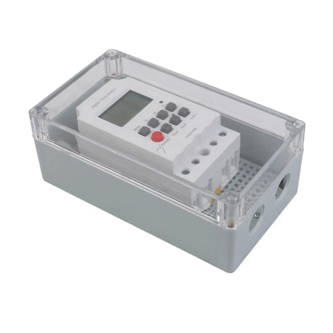 Straight Up Heavy Duty Digital Timer Switch With Damn Accurate Second Timing inside grey IP66 weatherproof relay box.