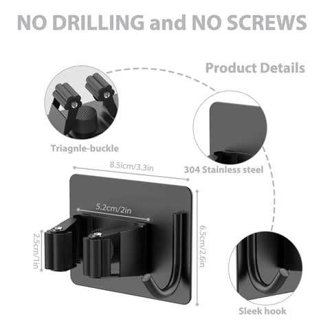 Diagram of Mop Broom Holder Wall Mount With Shelf And Hooks Self Adhesive Sturdy showing measurements and features