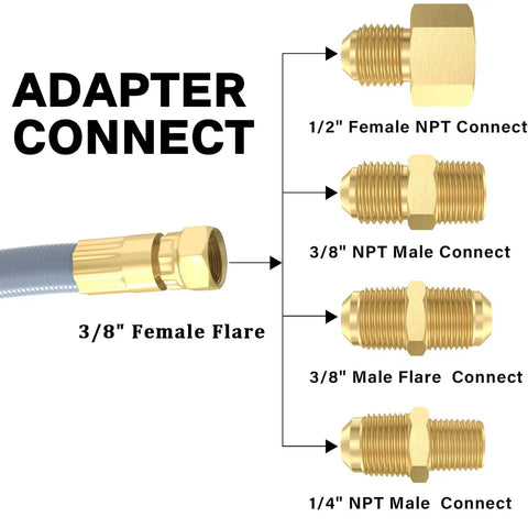 18 Ft Natural Gas Hose With Quick Connect For Propane To Natural Gas Conversion showing 5 adapter fittings diagram