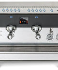 Front view of Desiderio DESI2V Black 2-Group Espresso Machine with pro grade electronic control panel and copper boiler.