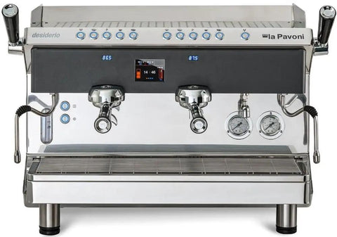 Front view of Desiderio DESI2V Black 2-Group Espresso Machine with pro grade electronic control panel and copper boiler.