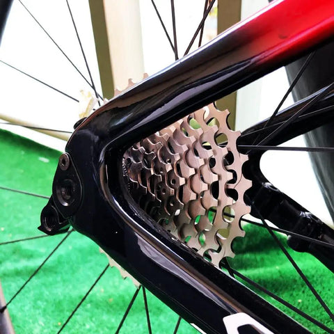 Ultralight 11 Speed Road Bike Cassette 11-34T HG Freehub Compatible With Shimano And SRAM on rear wheel of bicycle.