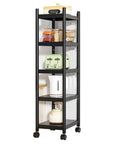 Five Tier Carbon Steel Storage Rack With Smooth Rolling Wheels Heavy Duty Metal Shelving Unit Extra Thick Frame Roomy Organizer For Home Office Pantry Entryway Black, showcasing five shelves filled with kitchen appliances.