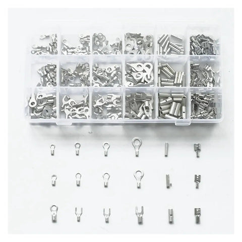 Fresh Assortment Of 360 Pcs Cold Naked Non Insulated Ring Fork O Y And U Type Terminals Kit With Crimped Cable Spade Connectors For Serious Electric Work, metal parts in organizer