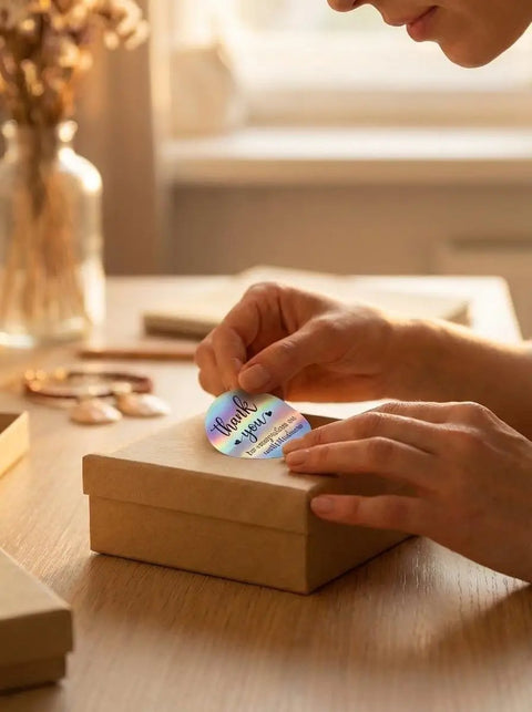 Person applying holographic 1.5 inch round "Thank You For Supporting My Small Biz" stickers to a kraft box by window light.