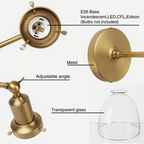 Industrial Vintage Slope Pole Wall Mount Sconce Light Fixture With Six Point Seven Inch Oval Clear Glass Shade In Antique Gold Finish details