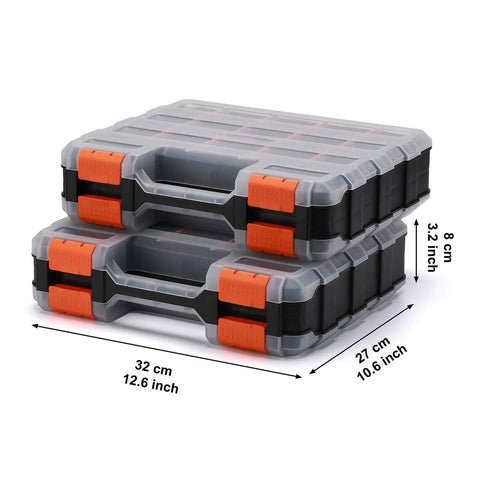 Two Piece Double Side Tool Organizer With Impact Resistant Polymer, 34 Compartment Hardware Box, Black Body, Clear Lids, Orange Closures