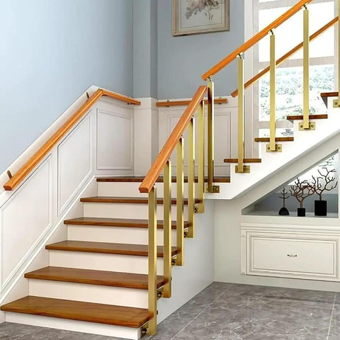Heavy Duty Wrought Iron Banister Guardrail Spindle Post With 270 Degree Adjustable Flat Brackets Side Mount Railing Column Kit For Porch Deck Steps Stairs Handrail Powder Coated Scratch Resistant Gold 95 Cm on wooden stairs.
