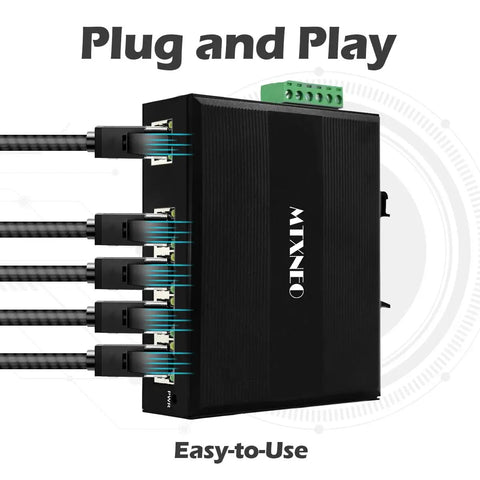 Rugged Five Port Gigabit Ethernet Switch For Industrial Din Rail Mount With Five Auto Negotiating RJ45 Ports, easy-to-use setup
