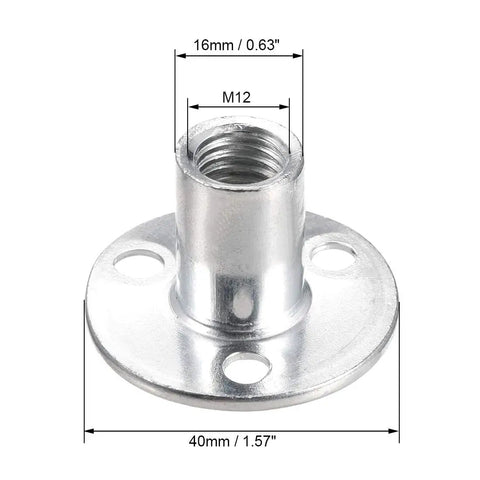 Built Tough M12x40 Carbon Steel Brad Hole Tee Nuts Featuring Heavy Gauge Round Flange Insert For Sturdy Furniture Hardware And No Sweat Wood Project Installations 5 Pack close-up with dimensions shown.