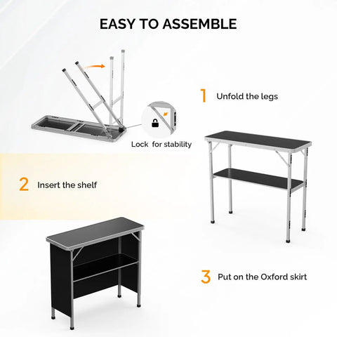 Assembly steps for Portable Bar Table With 2-Tier Shelves, Lightweight Foldable Event Stand For Parties, Camping And Tradeshows.