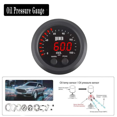 Front view of 2-1/16 inch digital oil pressure gauge with red LED display showing 60.0 psi and installation diagram.