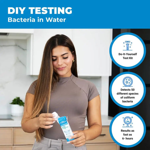 Woman holding DIY Water Bacteria Test Kit For Home Use With Results In As Fast As 6 Hours Detects 50 Coliform Species EPA Certified