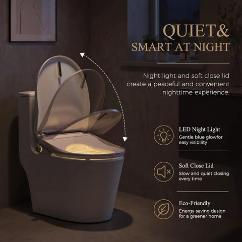 Butter Smooth Tankless Electric Bidet Toilet Seat With Instant Warm Water Wash And Dual Spray Cleaners Fits Round And Elongated Bowls, features soft close lid and LED night light.