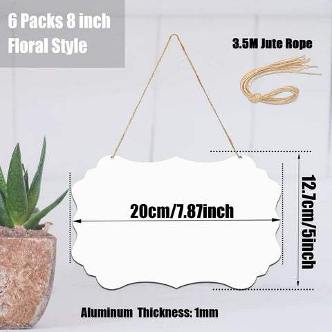 6 Pack 8 Inch Sublimation Door Hangers with jute rope and double-sided aluminum blanks for DIY craft, floral style.