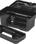 14 Inch Built Tough Heavy Duty Plastic Toolbox With Removable Tray, Steel Latch And Padlock Eye For Tools, Crafts, First Aid And Hobby Supplies, Industrial Grade Storage, Portable Box, Made In USA, Black, open with tray
