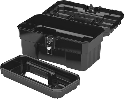 14 Inch Built Tough Heavy Duty Plastic Toolbox With Removable Tray, Steel Latch And Padlock Eye For Tools, Crafts, First Aid And Hobby Supplies, Industrial Grade Storage, Portable Box, Made In USA, Black, open with tray