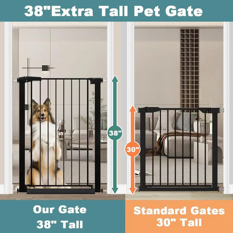 38.5 Inch Extra Tall Pressure Mounted Pet Gate With Walk Through Door Adjustable 29.53 To 32.28 Inch Wide shown beside standard gate