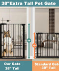 Extra Tall Baby Gate Stand 38 Inch Tall Walk Through Kid Safe Pet Gate next to a standard 30-inch gate with a dog.
