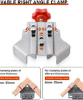 Movable right angle clamp fixture for woodworking, stainless steel, adjustable grips for varied thicknesses, precision tool.
