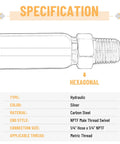 Hydraulic hose end fitting, 1/4 in ID to 1/4 in NPTF male, carbon steel, silver, hex nut body, side view.