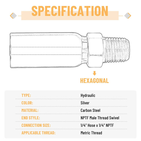Hydraulic hose end fitting, 1/4 in ID to 1/4 in NPTF male, carbon steel, silver, hex nut body, side view.