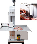 Heavy Duty 650W Electric Bone Saw Commercial Tabletop Cutter with stainless housing cutting through meat ribs.