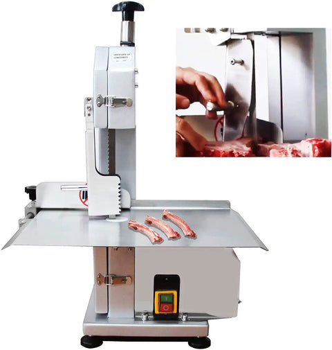 Heavy Duty 650W Electric Bone Saw Commercial Tabletop Cutter with stainless housing cutting through meat ribs.