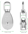 Front and side view of M50 Single Pulley Block 4 Pack Heavy Duty Stainless Steel Pulley System With 881 Lb Load Capacity