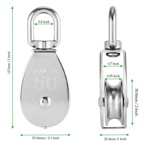 Front and side view of M50 Single Pulley Block 4 Pack Heavy Duty Stainless Steel Pulley System With 881 Lb Load Capacity