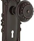 Victorian Plate With Keyhole Meadows Knob, Double Dummy Door Hardware Set In Timeless Bronze Finish, ornate design with keyhole