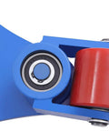 Close-up of heavy duty machinery transport skate with blue frame and red polyurethane caster, designed for smooth gliding operation.