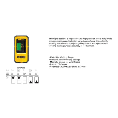 Battery-Free Line Laser Detector For DW088K And DW089K With Backlit LCD, featuring indicators and accuracy settings, 50m range.