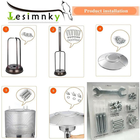 All Purpose Patio Heater Bolt And Nut Replacement Kit for Outdoor Propane Heaters installation process displayed in steps.