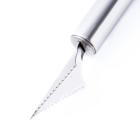 Close-up of the V-shape carving tool from 2 Piece Spiral Vegetable Cutter And V Shape Carving Tool Set Handheld Stainless Steel Kitchen Tools For Dope Food Decoration, Spiral Slicing, Fruit Garnishing, And Creative Edible Art