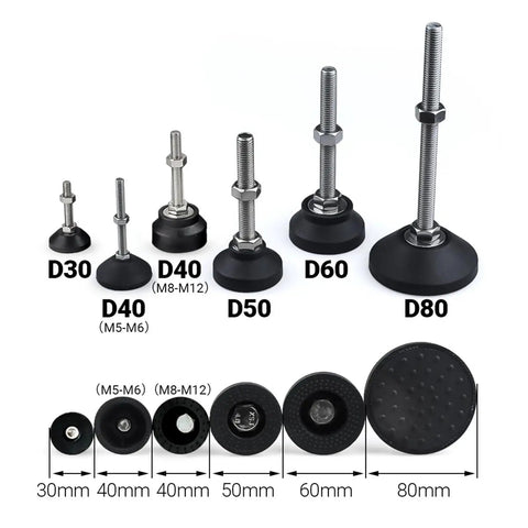 Heavy Duty Adjustable Leveling Feet With Swivel Base, 60Mm Threaded Furniture Pads 4 Pack, various sizes on display.
