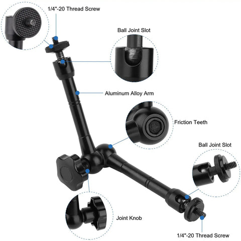 Magnetic Action Camera Mount For GoPro Hero Insta360 DJI Osmo AKASO With aluminum arm and ball joint slot details.
