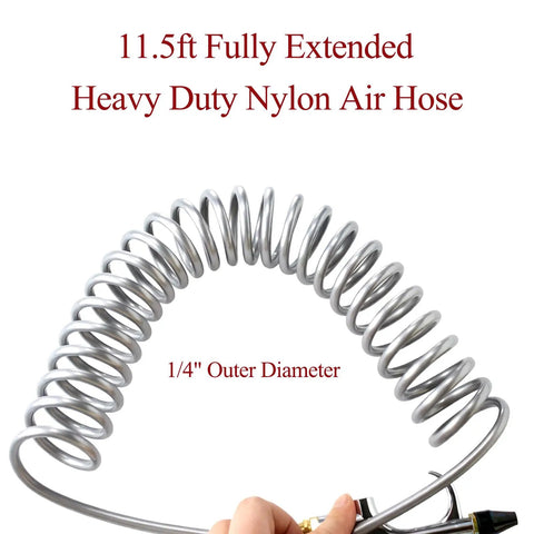 Pro Shop Grade Heavy Duty Air Blow Gun Kit Built Tough With Quarter Inch NPT Lever And Swappable Metal Nozzles For Truck Fleet Upholstery Cleaning And Garage Dust Blasting with 11.5ft nylon air hose.