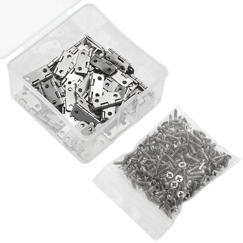 Mini Metal Hinges Set 60 Pcs 16x13mm 180 Degree for Small Wooden Boxes Dollhouses Jewelry Chests Cabinets DIY Craft Hardware with Plated Iron Construction and 11mm Center to Center Spacing, shown with screws and storage box