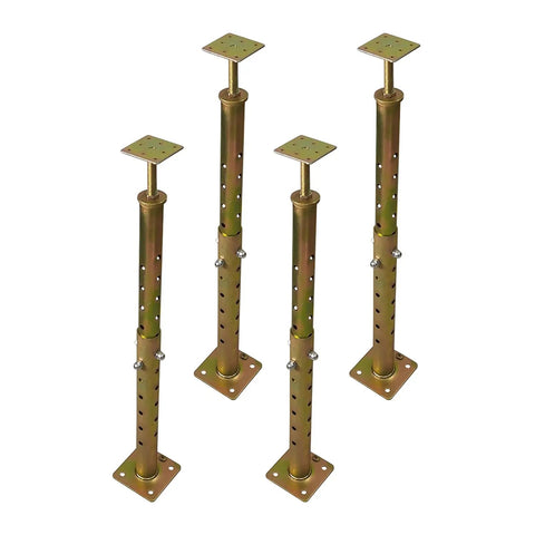 4 Pack Adjustable Floor Joist Support Jacks For Sagging Foundation Repair And Leveling Basement Beams Crawlspace Or Cellar Jobs Heavy Duty Steel Shoring Props That Kick Droopy Floors Straight Right Back, showcasing four galvanized steel jacks.