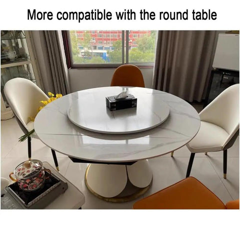 Top Tier Hardwood Lazy Susan Turntable Forty Five Inch Round Rotating Serving Tray For Kitchen And Dining on a round dining table.