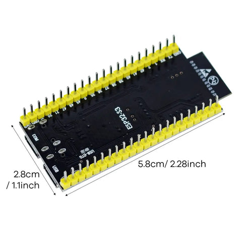 Top view of Three Pack ESP32 S3 Dev Board N16R8 MCU with Dual Mode WiFi Bluetooth Type C, showing measurements for Arduino IoT projects