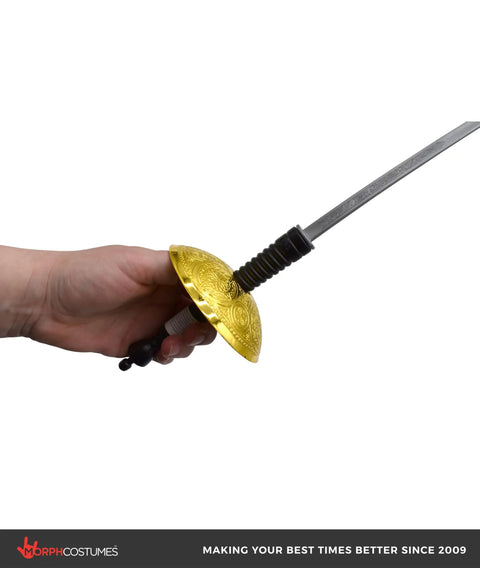 Cosplay Ready 25 Inch Plastic Fencing Foil Sword with gold guard, lightweight silver and black knight rapier prop in hand.