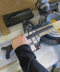 Top Shelf Zero Clearance Tape For Nail The Cut Precision And Crispy Clean Edges On Miter Or Table Saws With Heavy Duty PVC Build in use on a saw.