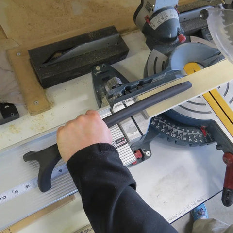 Top Shelf Zero Clearance Tape For Nail The Cut Precision And Crispy Clean Edges On Miter Or Table Saws With Heavy Duty PVC Build in use on a saw.